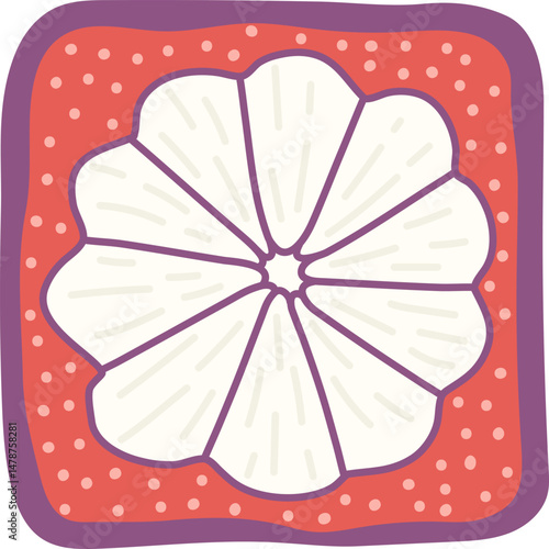 Artistic hand drawn illustration of square mangosteen. Vector drawing of exotic fruit slice with seeds and pulp isolated on white background. Drawing of summer vegan dessert for your printing.