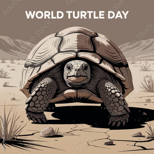World Turtle Day Tortoise in Desert Landscape Vector Drawing