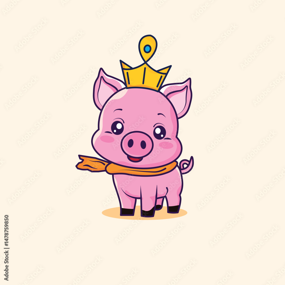Fototapeta premium Cute baby pig king wears a scarf and crown. Cute piglet.