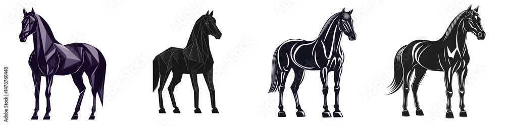 Obraz premium Stunning geometric horse designs in various shades of dark colors, showcasing unique polygonal shapes, perfect for artistic and modern branding purposes.