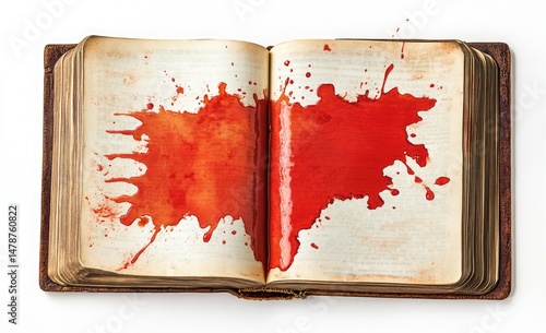 Open book splattered with crimson liquid