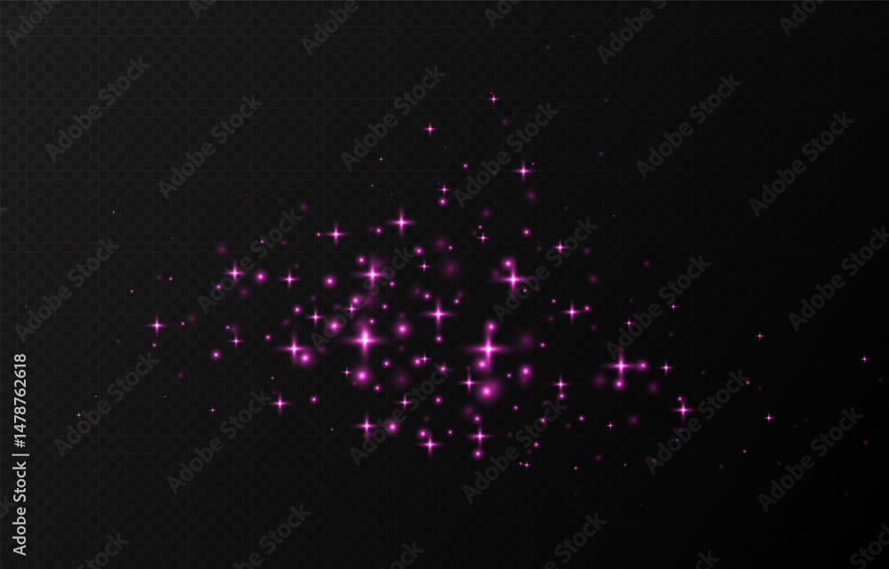 Pink sparkling stars, shiny particles light effect, transparent flying stardust texture, abstract twinkle Christmas decoration. Vector illustration.