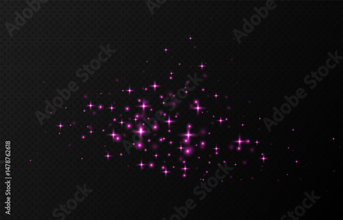 Obraz na płótnie Pink sparkling stars, shiny particles light effect, transparent flying stardust texture, abstract twinkle Christmas decoration. Vector illustration. w salonie