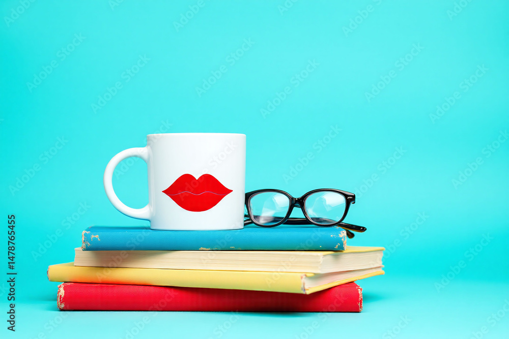 Naklejka premium cup of coffee sitting on top of a stack of books