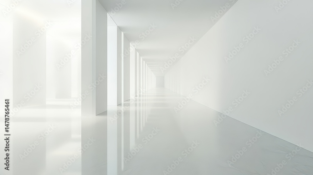 Fototapeta premium Minimalist white corridor with receding perspective and reflective surface