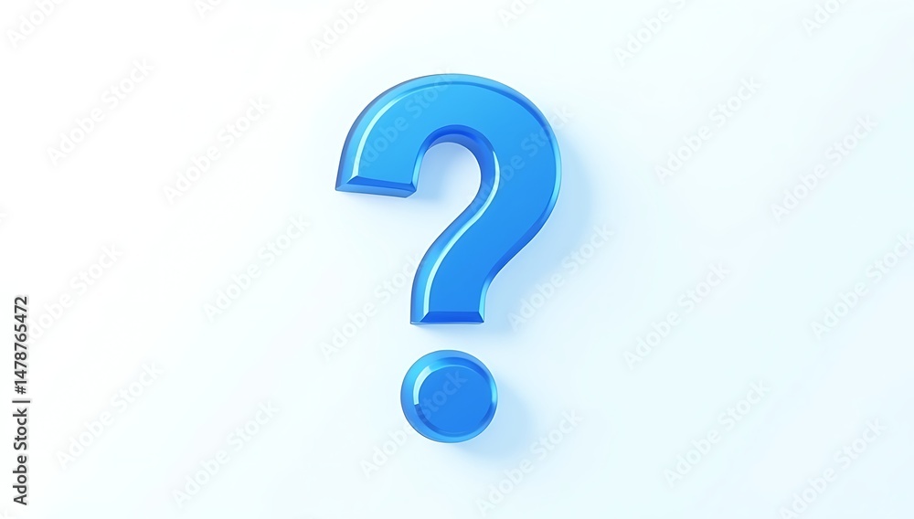 3D blue question mark icon with rounded edges and shadow on solid white background representing help, support, or unknown status symbol in digital UI style
3D blue question mark icon with rounded edges and shadow on solid white background representing help, support, or unknown status symbol in digital UI style