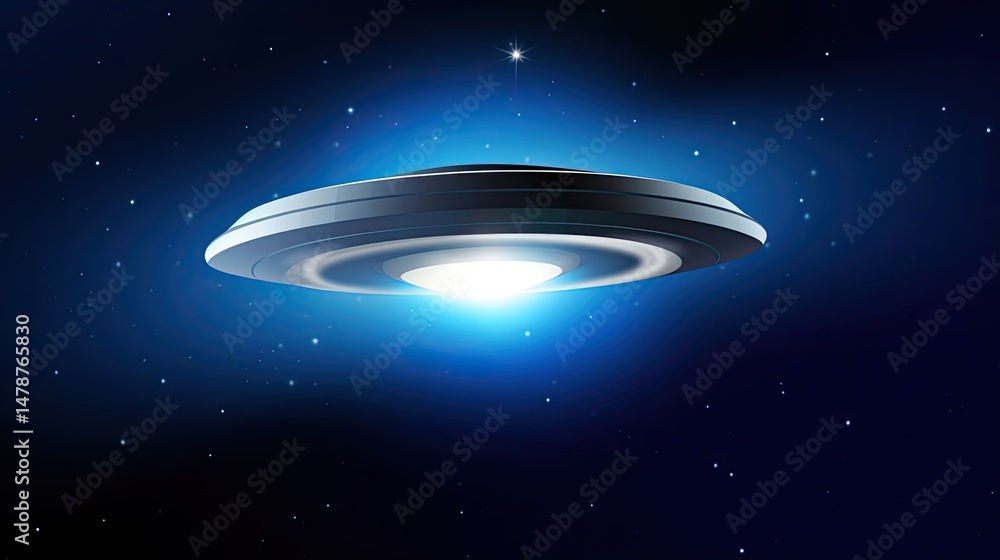 A futuristic, metallic flying saucer in deep space. A futuristic, metallic flying saucer in deep space.