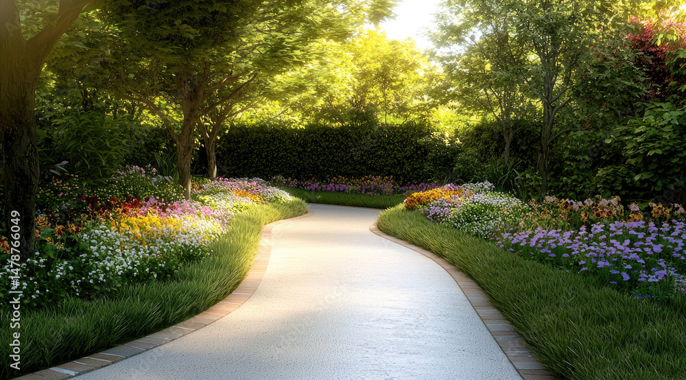 Obraz premium Lush green courtyard garden with winding path, vibrant flowers, sunlight, peaceful atmosphere