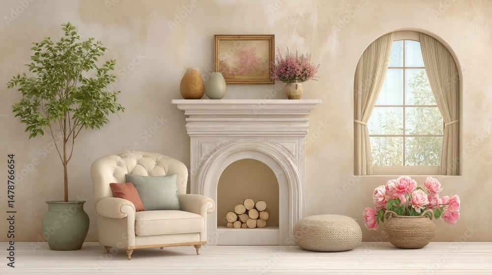 Fototapeta premium Beautiful vintage interior with a traditional fireplace, classic details, and warm ambiance, isolated on white background.