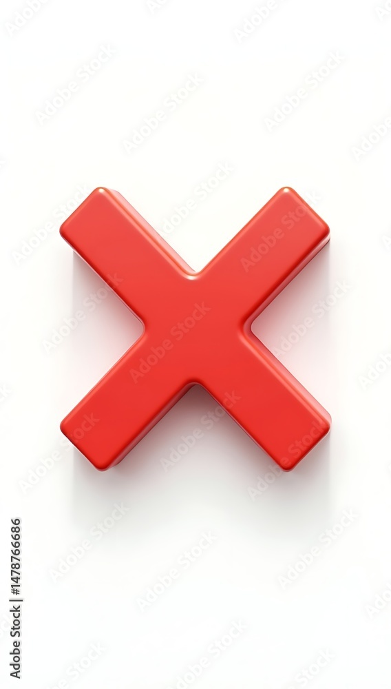 Obraz premium 3D red cross or cancel icon with soft bevel and shadow effect, displayed over plain white background for error message or rejection symbol in digital UI
