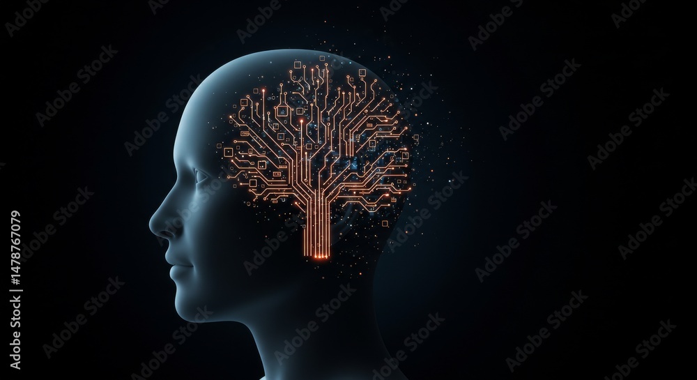 Obraz premium A digital illustration of a human head with circuit board patterns.