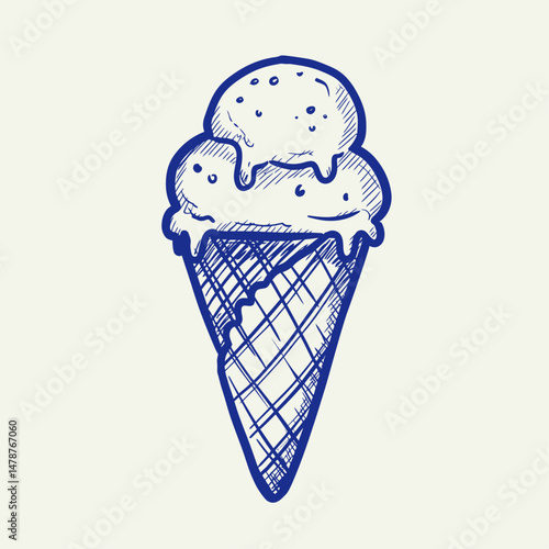 A blue ink sketch of a double scoop ice cream cone with waffle cone on a white background drawing