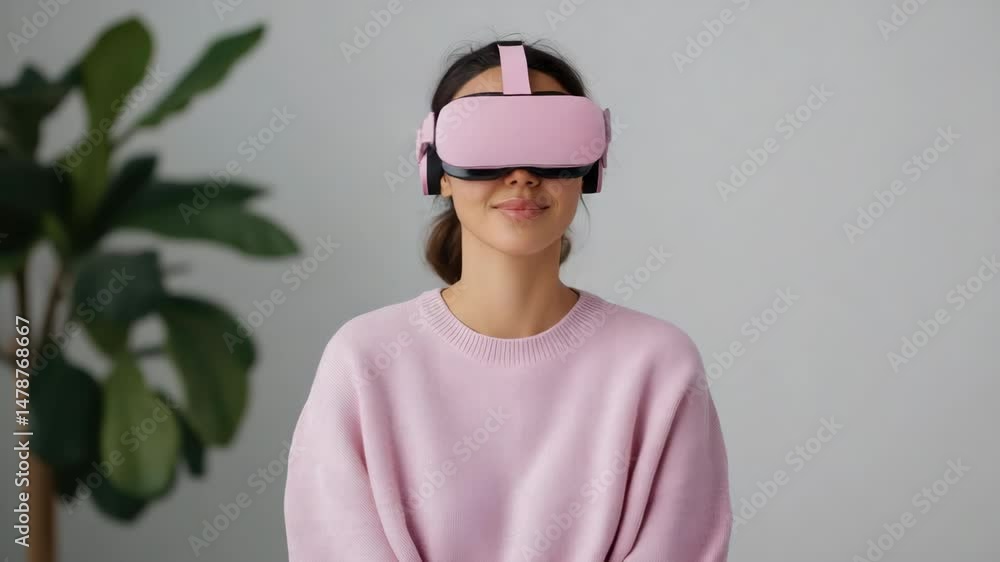 Modern Indoor Technology Womans Immersive Experience with Virtual Reality Headset Modern Indoor Technology Womans Immersive Experience with Virtual Reality Headset