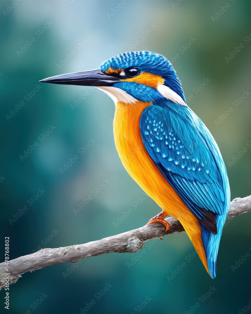 Fototapeta premium Vibrant kingfisher bird with bright blue and orange feathers perched calmly on branch, showcasing detailed plumage and sharp beak