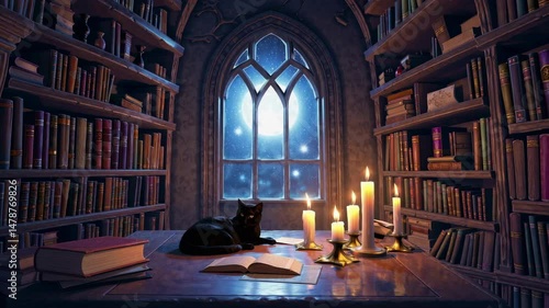 Cozy Candlelit Library with Sleeping Cat and Starry Night – 4K Fantasy Loop