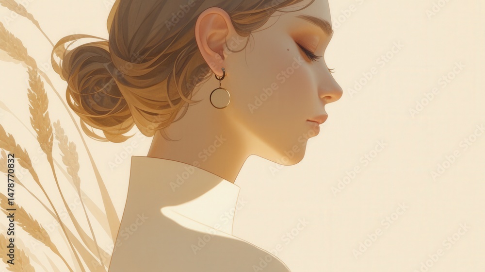 Serene profile of a woman, wheat accents, soft light Serene profile of a woman, wheat accents, soft light
