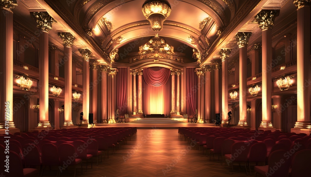 Obraz premium Grand hall with ornate columns and rich furnishings.