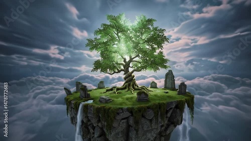 Sacred Tree on Floating Island in the Sky – Fantasy 4K Seamless Loop