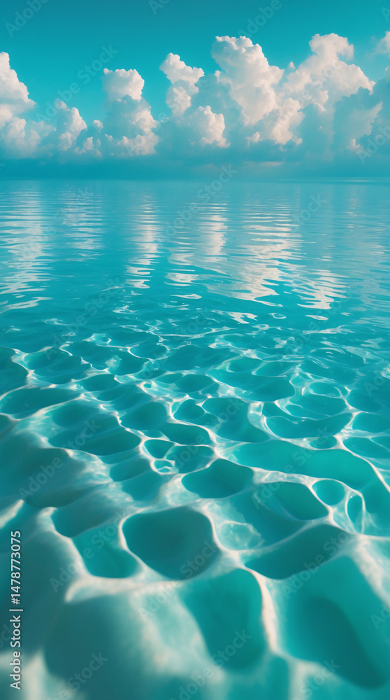 Naklejka premium blue tropical beach scene with fluffy clouds over transparent ocean water calm sky and serene landscape photo photography for wallpaper background
