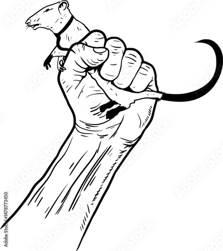 illustration of a hand holding a rat in a tie, meaning we have to eradicate corruptors