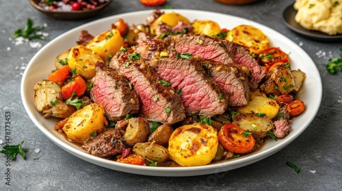 Sliced steak with roasted potatoes and vegetables.