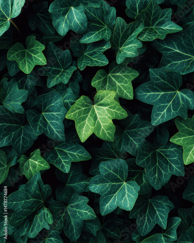 Pattern of interwoven green ivy leaves with visible veins creates dense, natural texture full of vibrant life and fresh growth