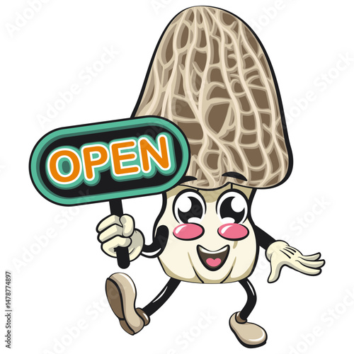 Cute Morchella mushroom vektor illustration mascot character showing a sign that says open, work of hand drawn