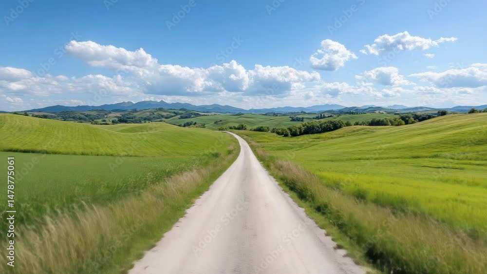 Scenic dirt road winds through vibrant green fields bright blue sky, showcasing rolling hills Scenic dirt road winds through vibrant green fields bright blue sky, showcasing rolling hills
