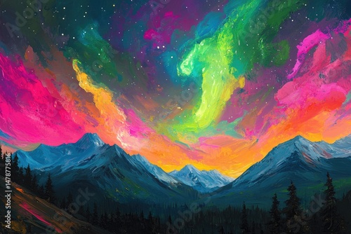 Vibrant mountain vista, aurora borealis painting