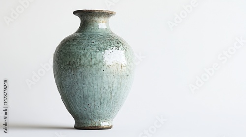 Elegant light blue ceramic vase stands on a white surface in a studio shot with soft lighting and a minimalist aesthetic