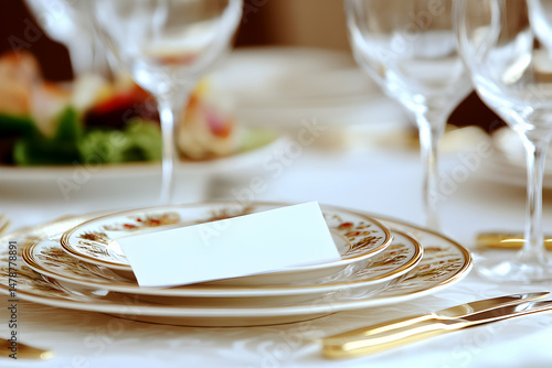 Elegant place setting with blank card, perfect for wedding, event or restaurant menu.