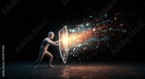 Abstract figure defending with a transparent shield.