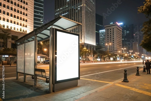 Wallpaper Mural Blank white vertical digital billboard poster on city street bus stop sign at night, blurred urban background with skyscraper, people, mockup for advertisement, marketing. Torontodigital.ca