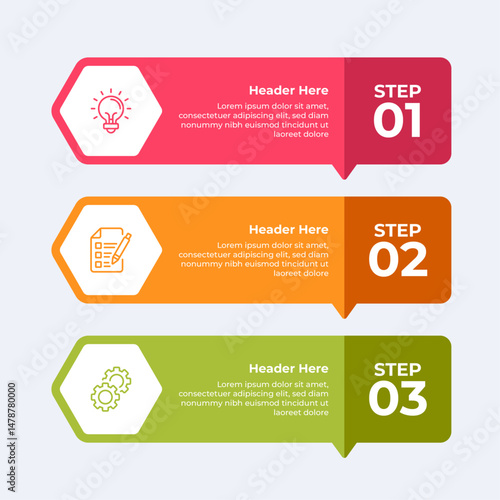 Three step infographic with icons of a light bulb a checklist and gears.