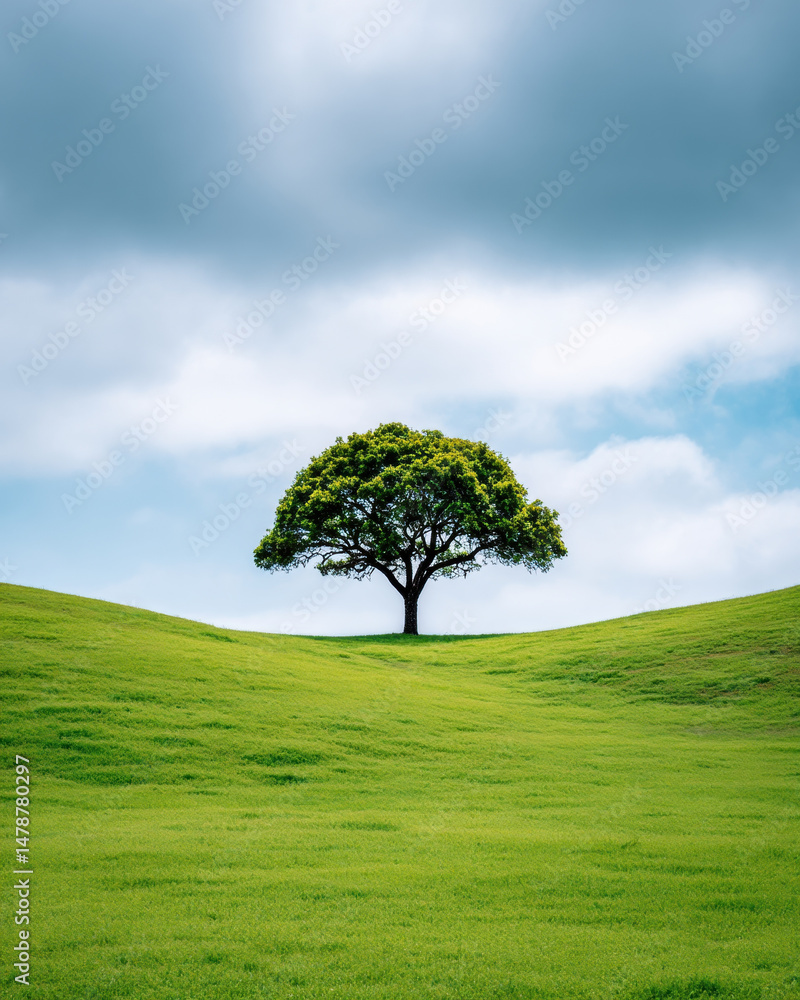 Fototapeta premium Single majestic tree stands alone on lush green hill under cloudy sky, creating peaceful and serene natural landscape