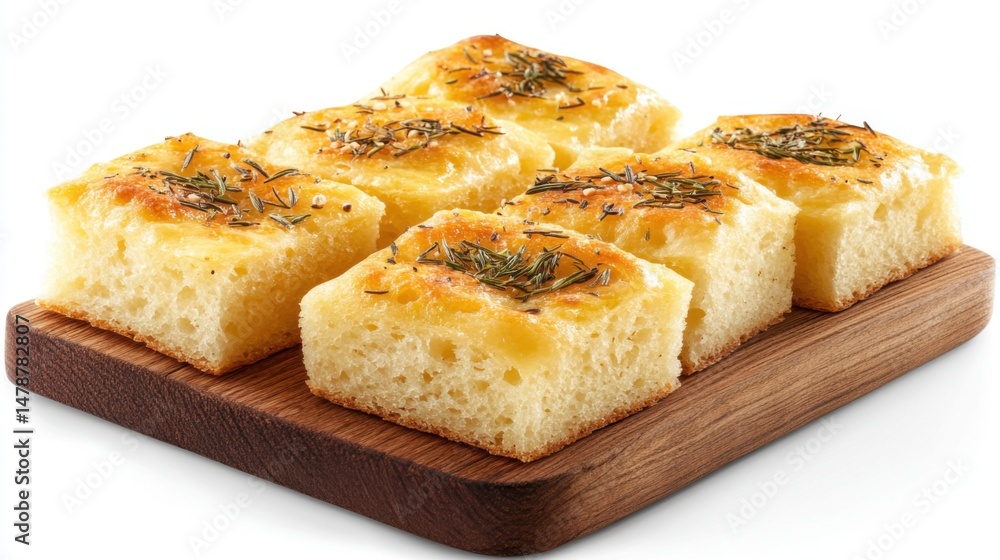 Delicious focaccia bread squares served on wooden board studio shot close up food photography Italian cuisine rosemary topping Delicious focaccia bread squares served on wooden board studio shot close up food photography Italian cuisine rosemary topping