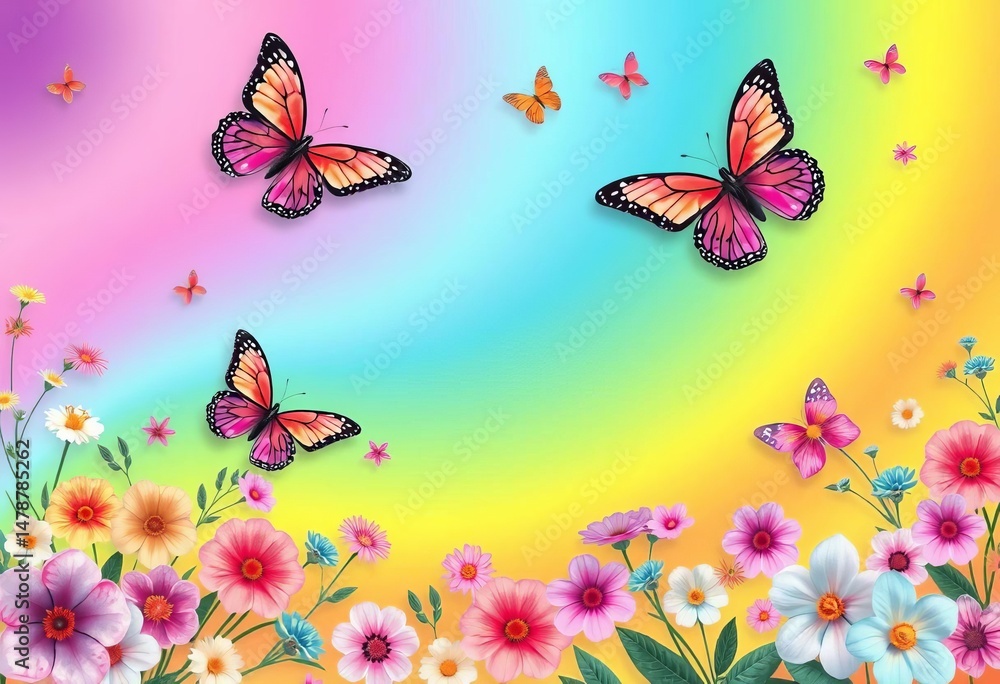 Vibrant pastel rainbow background with colorful butterflies and flowers in seamless vector pattern, spring, pastel Vibrant pastel rainbow background with colorful butterflies and flowers in seamless vector pattern, spring, pastel