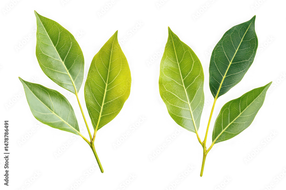 Obraz premium Two sprigs featuring three vibrant green leaves each, showcasing detailed leaf venation and stem structure isolated on transparent background