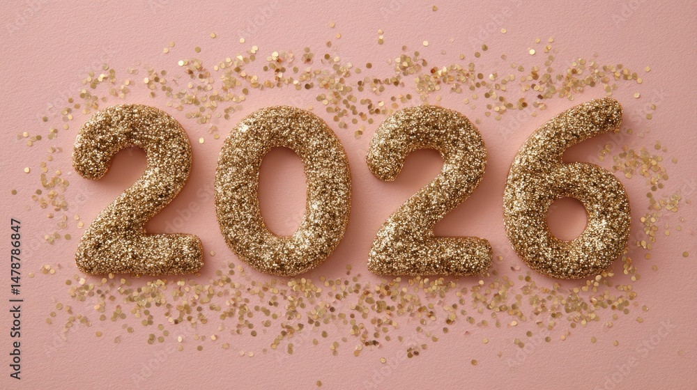 Gold glitter numerals 2026 on a pink background Gold glitter numerals 2026 on a pink background