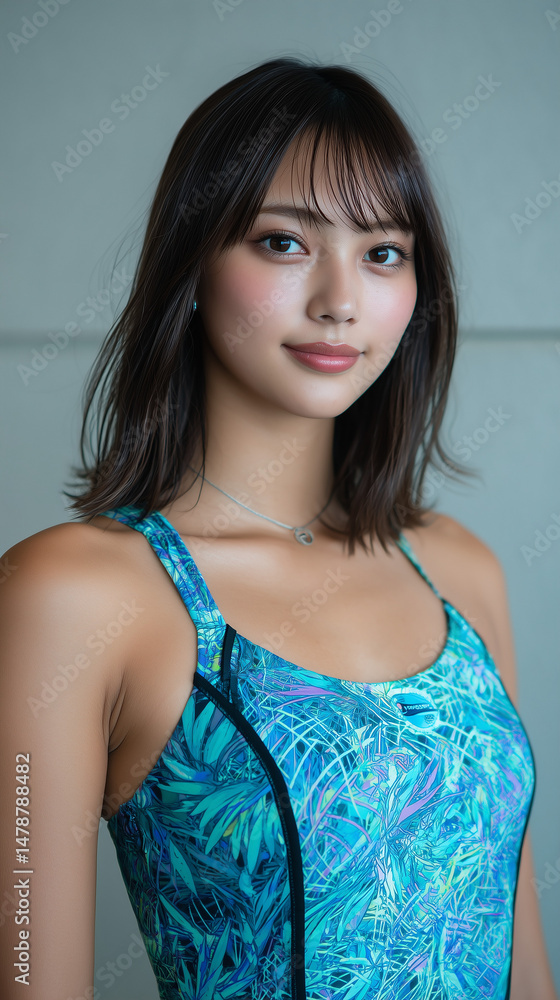 Naklejka premium 女性、プール、夏、ビキニ、美しさ、水泳、