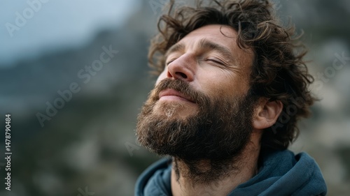 Man Enjoying Peaceful Moment in Nature with Closed Eyes and Serene Expression in Mountain Landscape