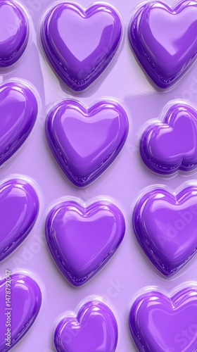 Pattern of purple heart shapes on a matching background, overhead shot, glossy and modern, love and affection