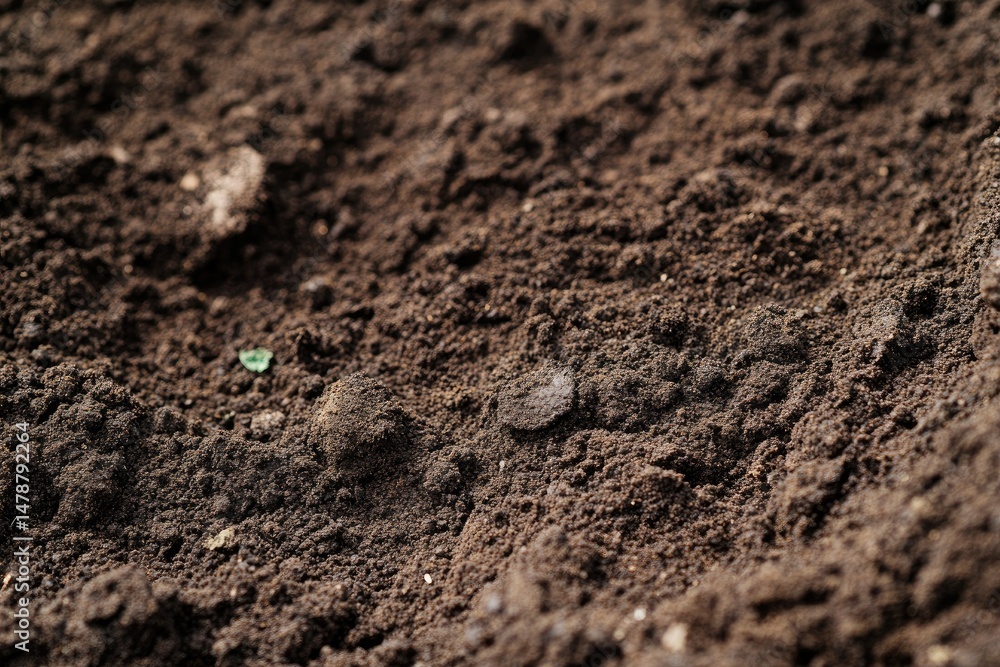 Close-up view of rich, dark soil. A mixture of dirt, small rocks, and organic matter Close-up view of rich, dark soil. A mixture of dirt, small rocks, and organic matter