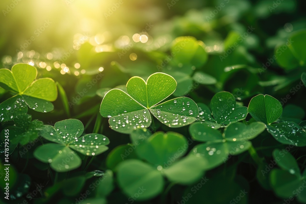 Fresh, vibrant clover leaves covered in morning dew, bathed in sunlight