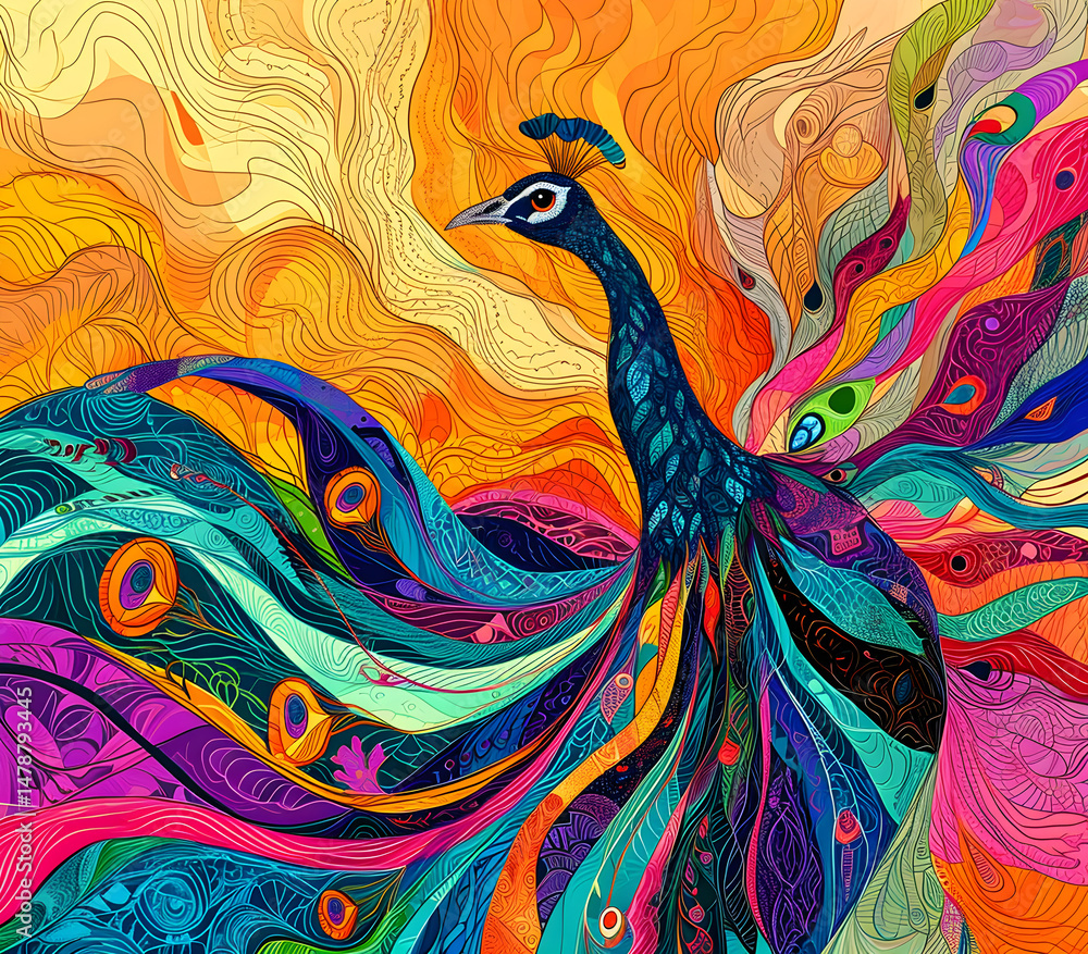 Fototapeta premium an abstract drawing of a peacock with colorful lines, precisionist lines, light red and indigo, colorful turbulence with mixed pattern colorful background