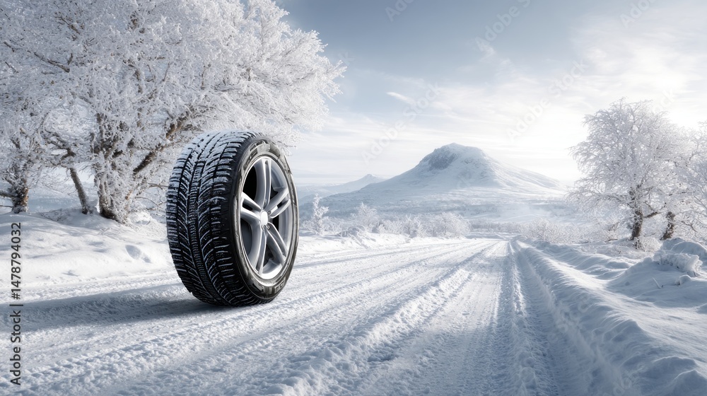 Winter tire on snowy road, icy trees Winter tire on snowy road, icy trees