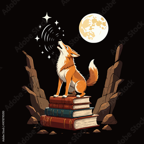 fox howling at the moon on books showing wisdom and cosmic connection