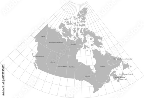 Canada administrative vector map with level 1 region names, boundaries and graticules (Lambert conic conformal projection, 5 degree interval graticules,  PPT-compatible & fully editable)