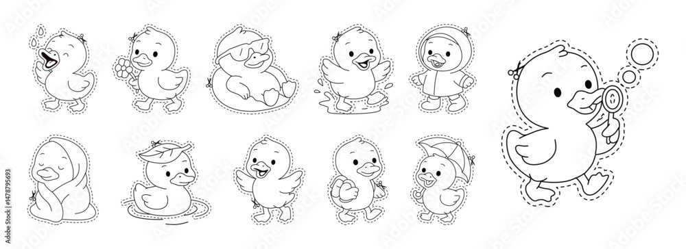 Cute Duck Cutting Line Guide for Kids Worksheet, Duck Blowing Bubbles, Splashing in a Puddle, Floating on Water Cute Duck Cutting Line Guide for Kids Worksheet, Duck Blowing Bubbles, Splashing in a Puddle, Floating on Water