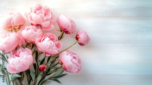 Fototapeta Naklejka Na Ścianę i Meble -  Pink peonies bouquet lying on white wooden table